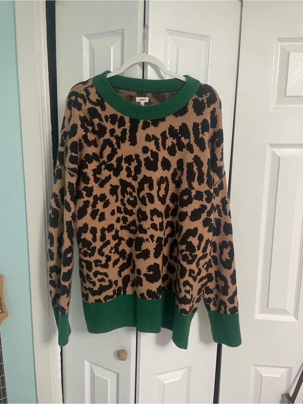 aerie Leopard Print Crewneck Sweater with Green Trim